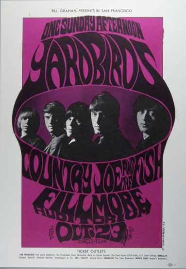 Violet and black psychedelic poster.  There is an oval picture of the Yardbirds in the middle of the poster