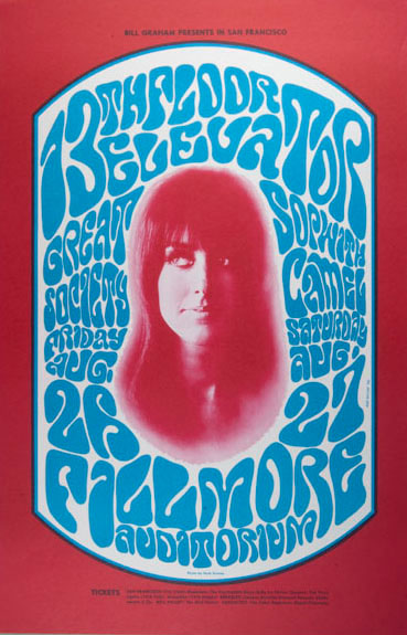 Red, blue and white psychedelic poster with an image of Grace Slick in the center