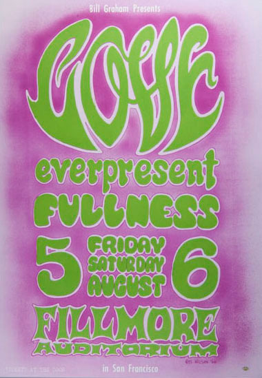 Psychedelic poster with cloudy violet back ground and bright green writing