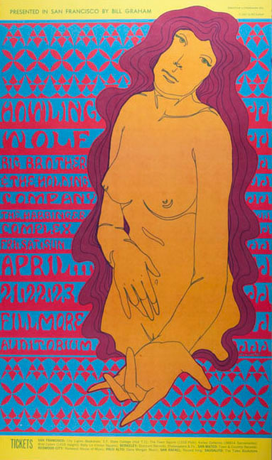 Psychedelic poster with a aqua background pink lettering and a picture of a nude woman with long hair