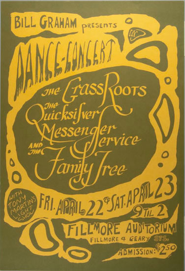Psychedelic poster with an olive green background and yellow lettering