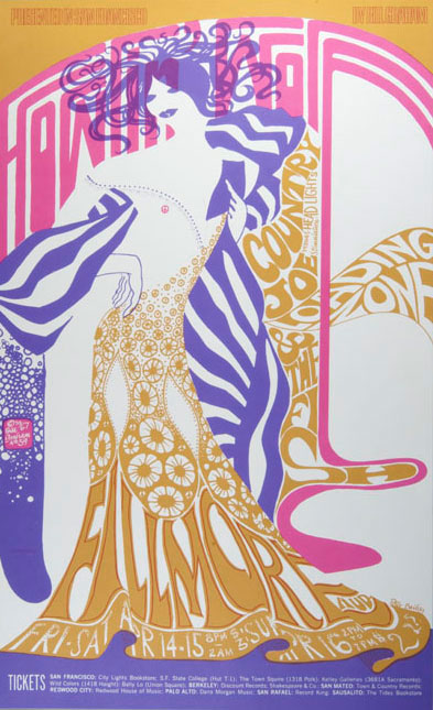 Psychedelic poster with gold, pink, purple and white.  Drawing of a lady in a beautiful dress