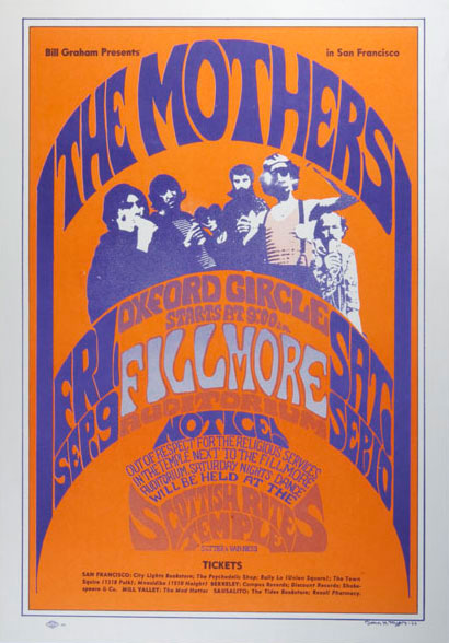 Psychedelic poster with a deep orange background, purple lettering and a picture of the band