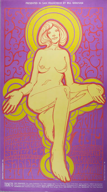 Psychedelic poster with a red and purple background and a picture of a nude woman with her hands held like Buddha and an aura around her head