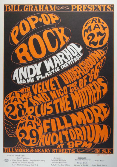 Psychedelic poster with a black background, orange lettering.  White lettering used for Andy Warhol and his plastic Inevitable  