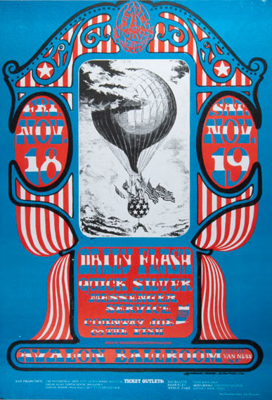 Psychedelic poster that is red white and blue with a black and white drawing of a hot air ballon in the center