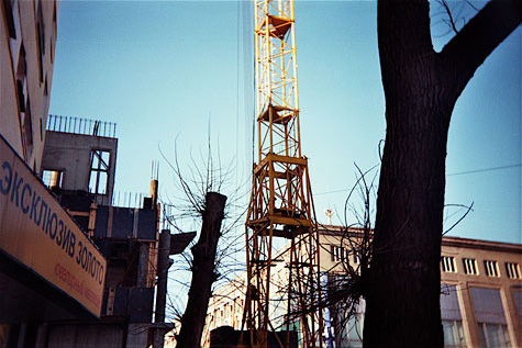 City scene looking up at buildings, two trees and a scaffold structure that towers high against the blue sky