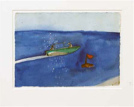 Men in green speed boat on a blue lake 