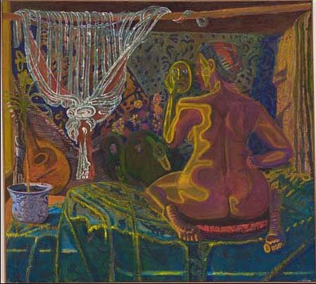 Abstracted painting of a nude woman sitting on a bed in an ornate room.  She is looking into a mirror so the viewer can see her face.  There is a swan beside her. 