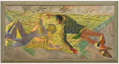 Man in hay field reaching for an Aztec female goddess