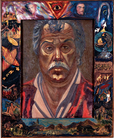 Self Portrait of artist inside of decorated frame 