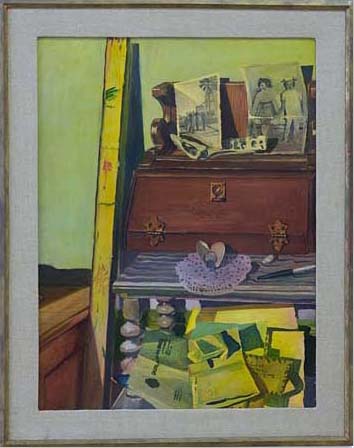 Interior painting of room with a table and dresser.  The dresser holds family photos and there is a pile of objects under the table.  On the table in a crocheted doily with a portrait of a man painted on a paper heart.  There is a paintbrush beside the doily.  