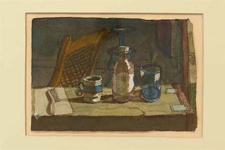 Still Life of a cup and two vessels sitting on a table by a caned chair 