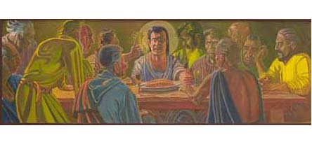 Jesus and twelve apostles at a long table 