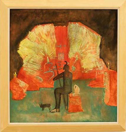 The back of a person sitting on a stool by a small dog.  The person is facing a bright orange and yellow altar.   