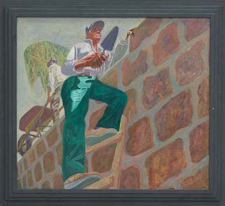 Looking up at a man on a ladder that is leaning on a tall brick wall.  The man is holding a trawl to spread mortar. 