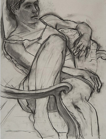 Clothed woman curled up in a chair by Suzanne Lacke