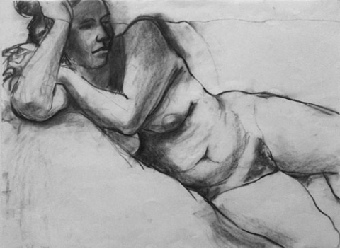 Nude woman leaning on the arm of a couch by Suzanne Lacke