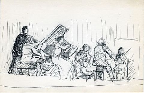 Symphonic scene.  Musicians playing music by Maury Lapp