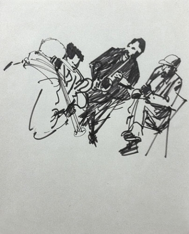 Gestural drawing of a group of men sitting in chairs by Maury Lapp
