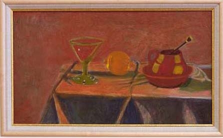 Still life with a glass, an orange and a honey pot on a table that is against a red background