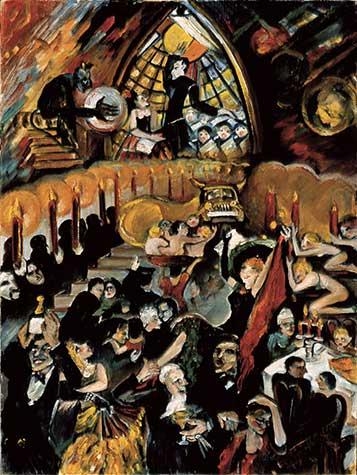 Chaotic scene of people worshipping and partying around the golden calf by Melanie Kent Steinhardt