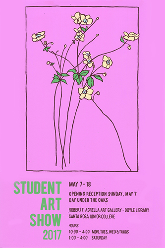 Poster for Student Art Show.  Yellow flowers with a pink background.