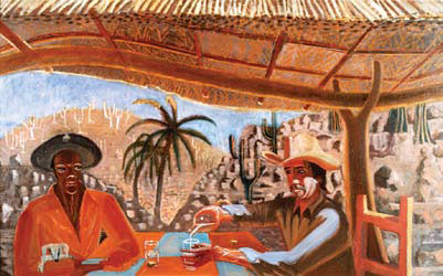 Two men drinking at an outside table
