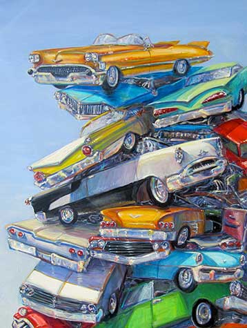 Painting of a tower of old cars with a gold Cadillac on top by Michael Knowlton