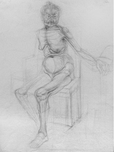 Drawing of nude elderly woman sitting in a chair by Marjan Hormozi