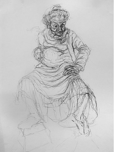 Elderly woman wearing a long gown, sitting in a chair by Marjan Hormozi