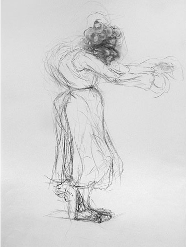 Side view of elderly woman standing with her arms stretched out in front of her, wearing a long gown by Marjan Hormozi