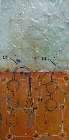 Encaustic abstract painting with scientific mark making 