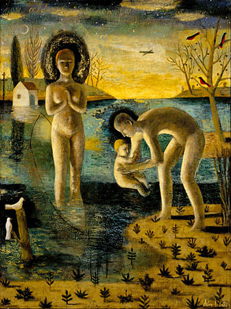  Painting of a man woman and child set in a landscape.  The man is placing the child in water.  The woman in standing in the water.   