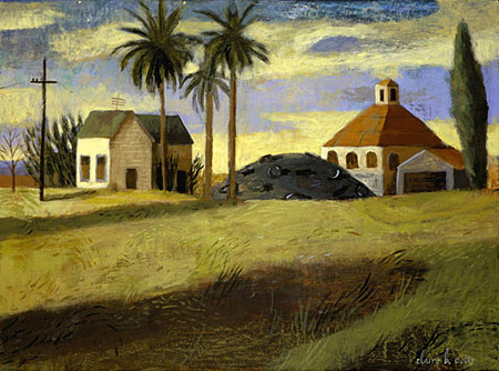 Painting of a house and barn on a green hill.   