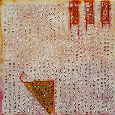 Encaustic abstract colorful shapes against a white background.  Painted by creating a matrix of dots 