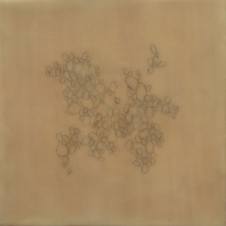 Encaustic abstract square painting, golds and brown 