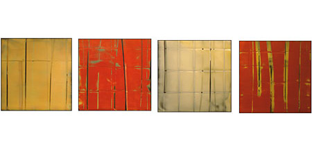 Series of four square encaustic abstract paintings placed in a line horizontally 