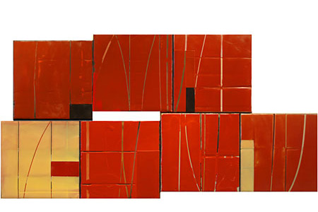 Seven square encaustic abstract red and gold paintings.  Three are placed unevenly on top of four  