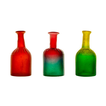 Digitally altered photograph of three colorful jars sitting in a row in a row against a white background 