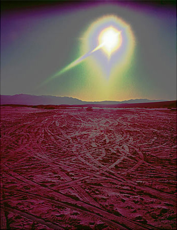Abstracted print of Death Valley.  Beet red desert textured by numerous vehicle tracks and a large glow in the sky that is an abstracted sun 