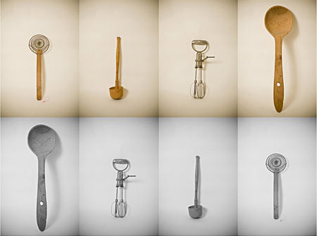 Kitchen utensils in a grid