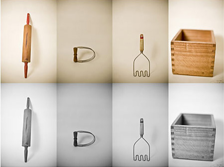 Kitchen utensils and objects in a grid 