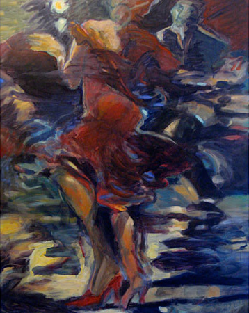 Gestural painting of a woman dancing in red shoes