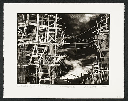 Black and white print showing structure juxtaposed with nature 