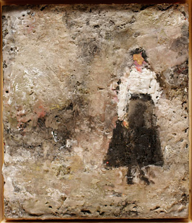 Abstracted painting of a woman standing outside by a hill.  She is wearing a white blouse and a black skirt 