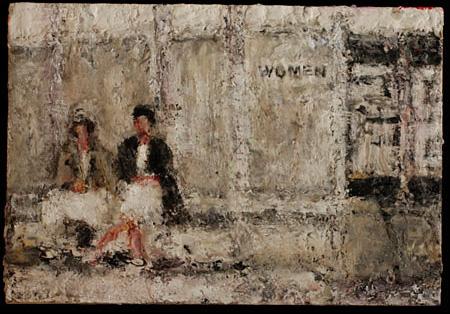 Two women sitting one a bench out side of a women's bathroom.  Encaustic painting