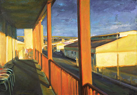 Painting of a sunlit arsenal buildings 