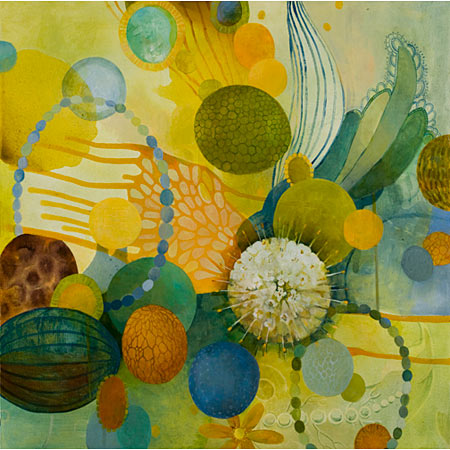 colorful abstract painting with numerous spheres 