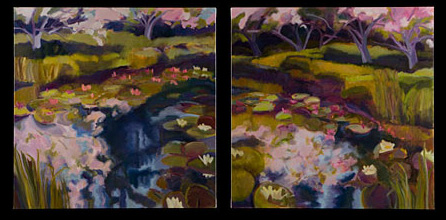 Landscape diptych.  Green fields, deep blue ponds and pink water lilies 